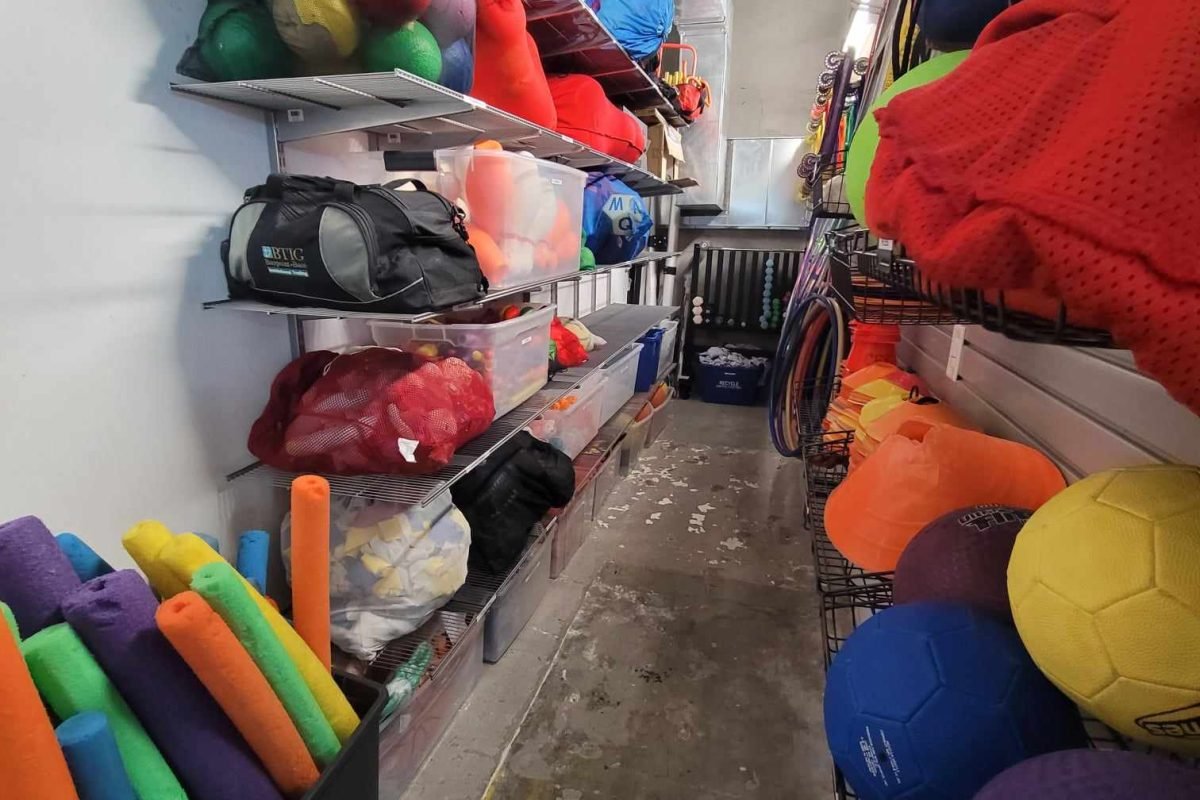 School gym storage room organization on shelves