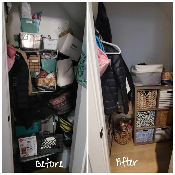 Before and after images of an entryway closet declutter and organization