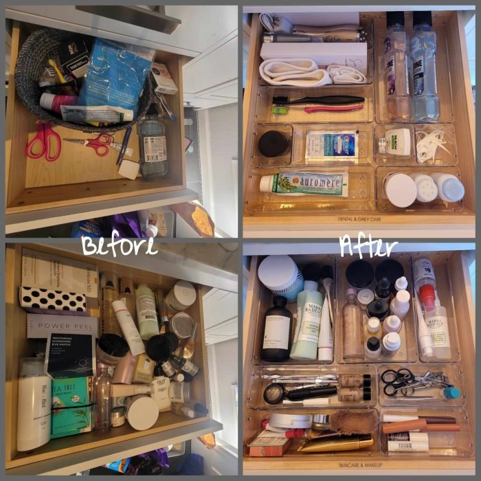 Before and after declutter and organization images of two bathroom drawers, one for dental and skincare and the other for makeup and skincare