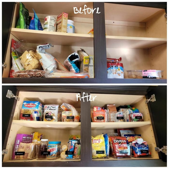 Before and after organization images of a pantry cabinet with food neatly categorized, binned, and labeled in the after section