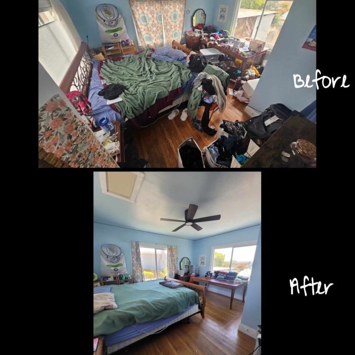 Before and after declutter and organization images of a bedroom with stuff everywhere in the before and a clean and tidy room in the after