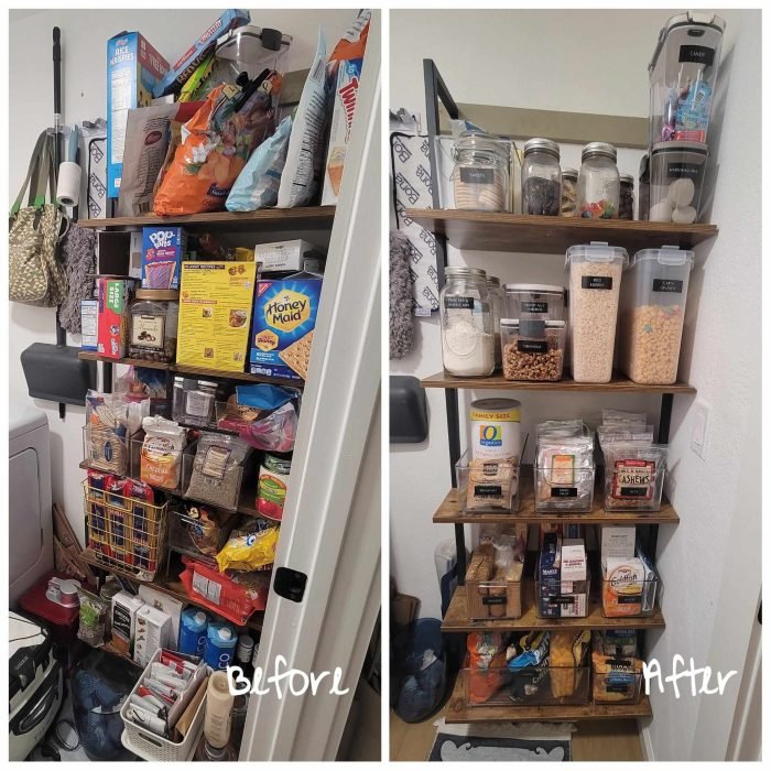 Before and after declutter and organization images of a pantry shelving unit with everything disheveled in the before and neatly binned, categorized, and labeled in the after