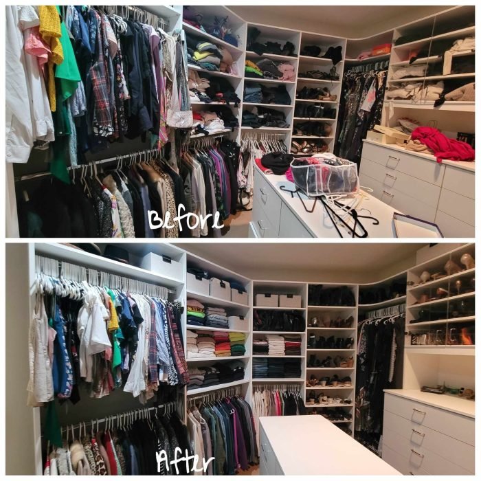 Before and after organization images of a large primary closet with everything cluttered in the before and neatly organized in the after