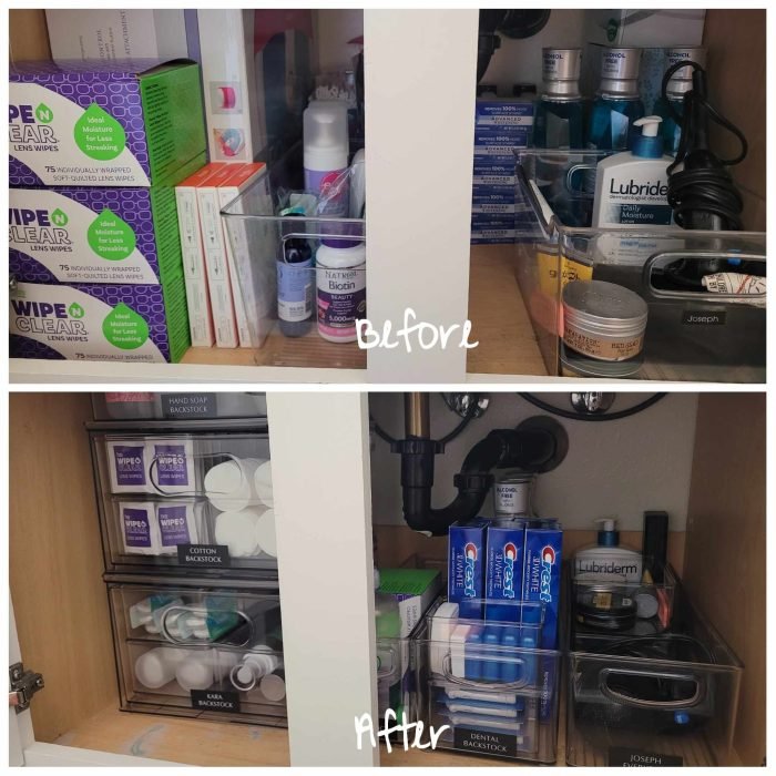 Before and after organization images of a bathroom under-sink cabinet with everything in uniform bins and labeled in the after