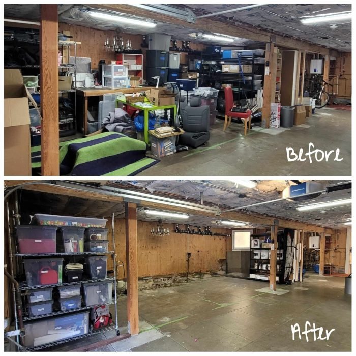 Before and after declutter and organization images of a garage with everything piled up in the before and neatly clean and organized on shelves in the after