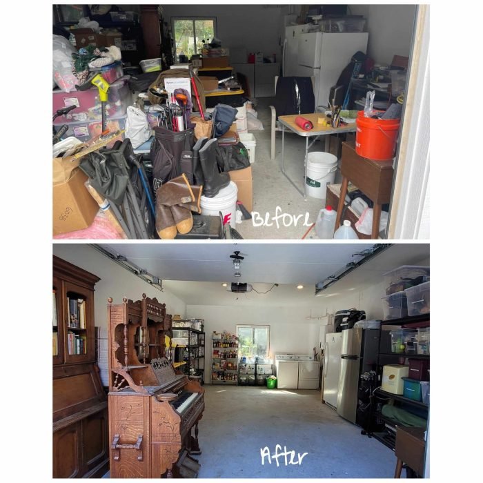 Before and after declutter and organization images of a garage with everything piled and disheveled in the before and neatly binned and put away on shelving in the after