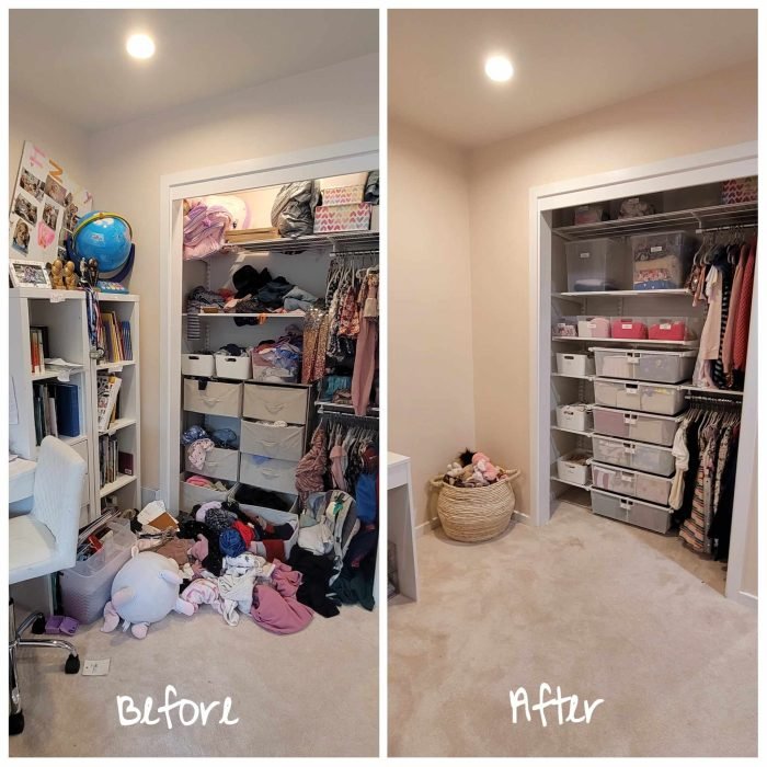 Kid's closet before and after organization images