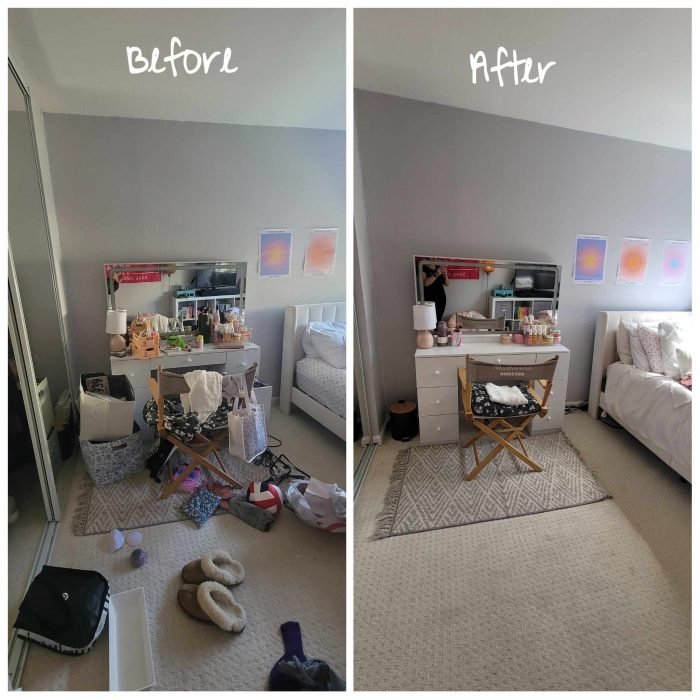 Before and after images of teen bedroom vanity organization