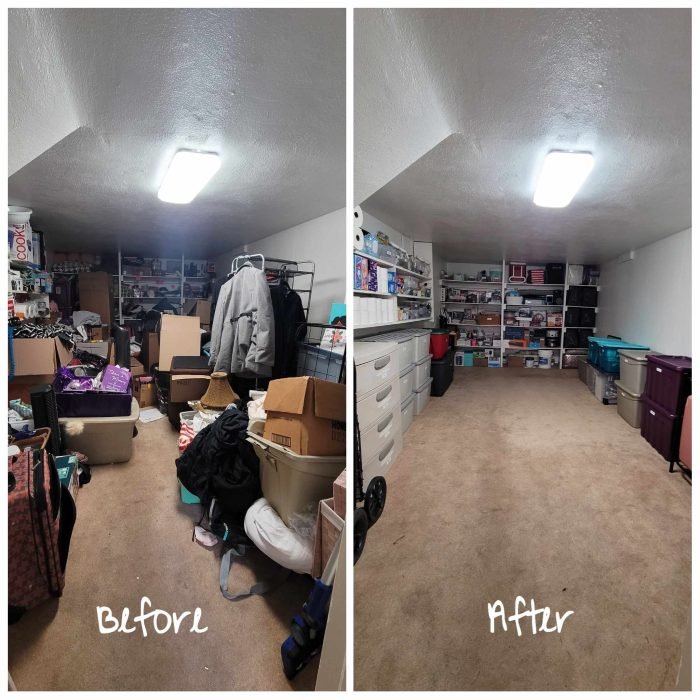 Before and after images of a storage room declutter and organization