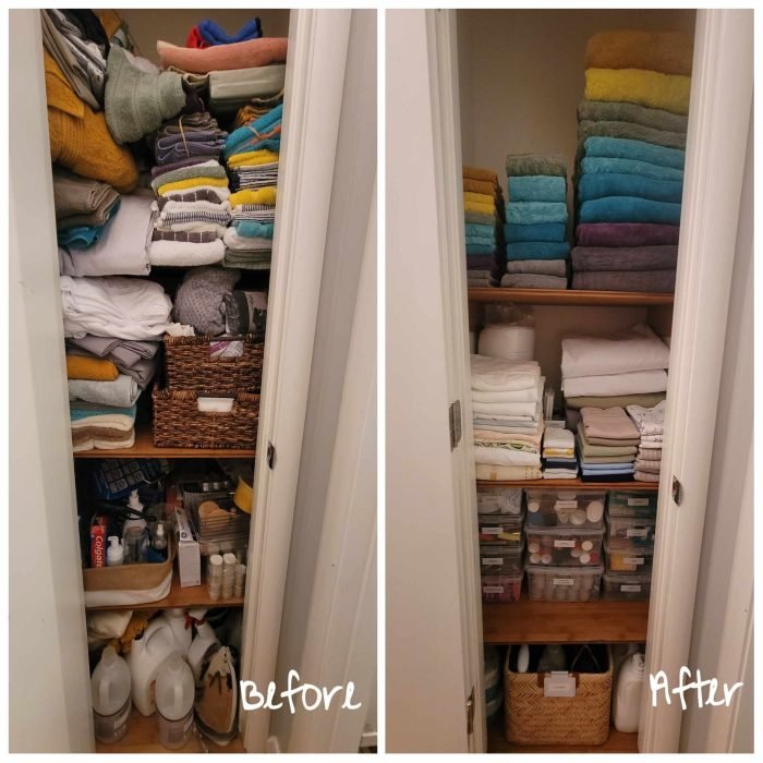 Before and after organization images of a linen closet with everything disheveled in the before and neatly folded and categorized in the after