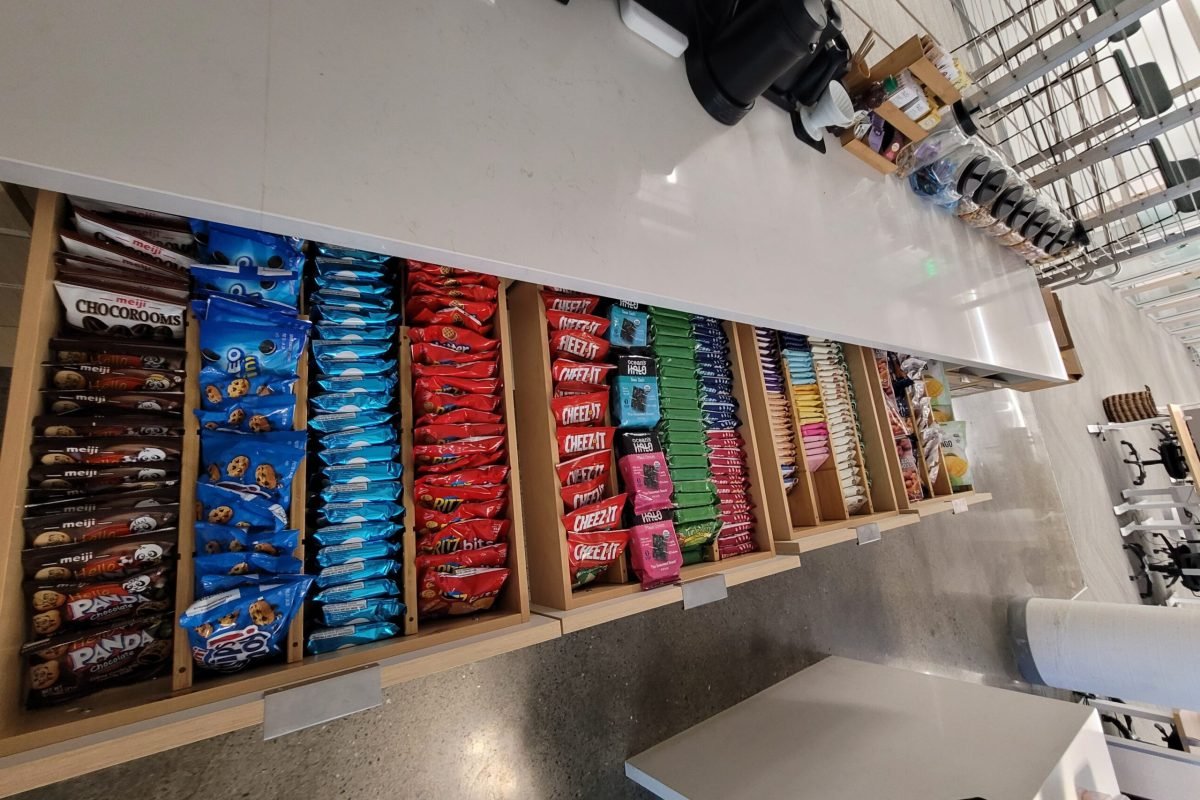 Set of four snack drawers in office kitchen with rows of snacks separated with bamboo dividers