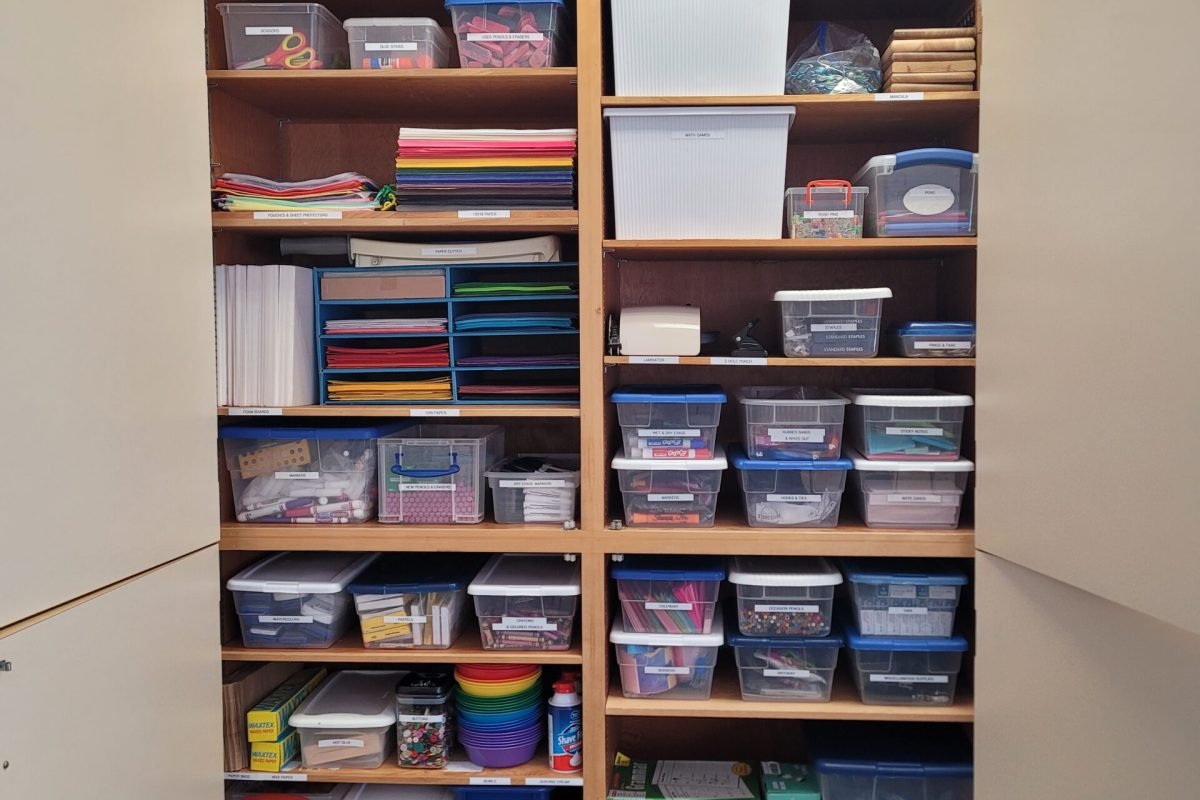 Elementary school art cabinet with art supplies binned and labeled